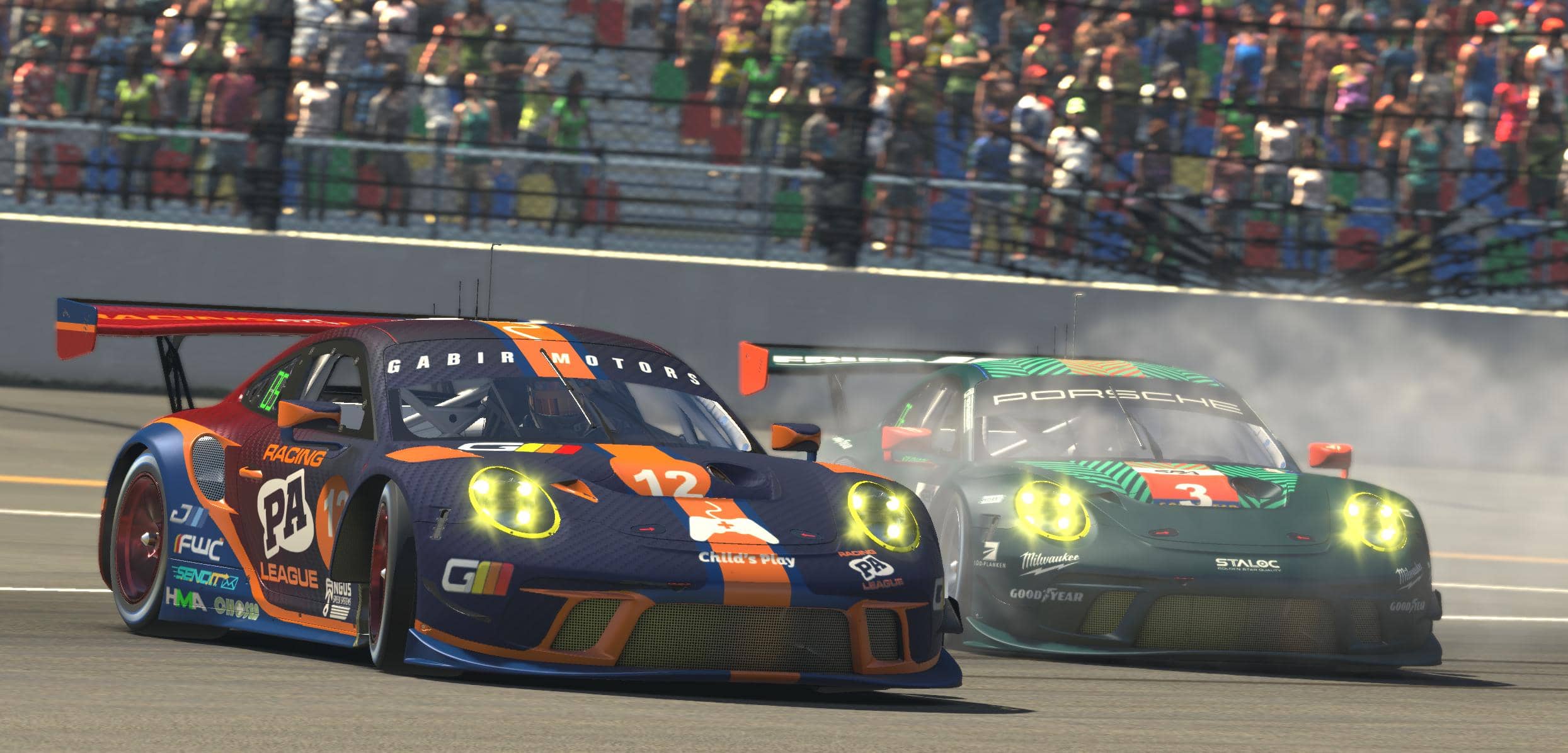 Two racecars drifting around a corner, the one if front is running a PA League livery